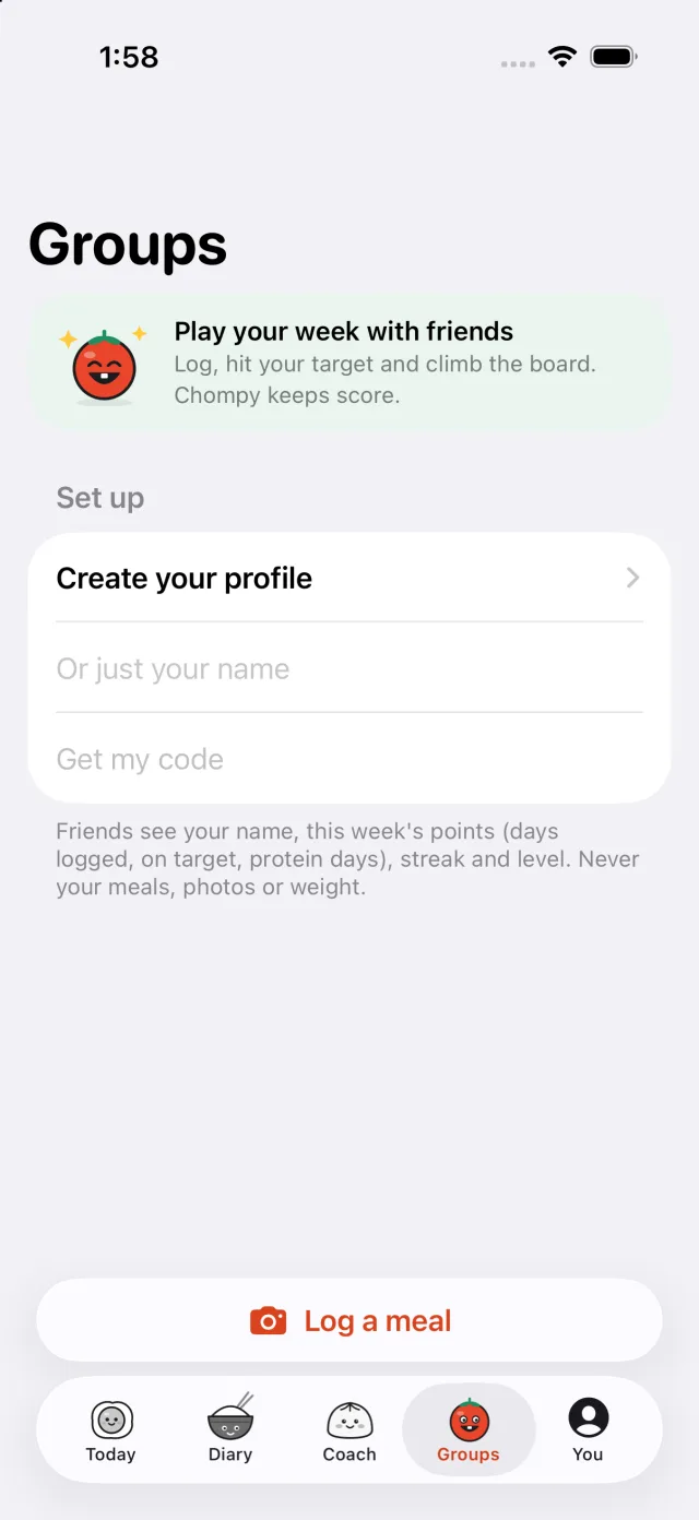 The Groups tab: set up a profile to play with friends